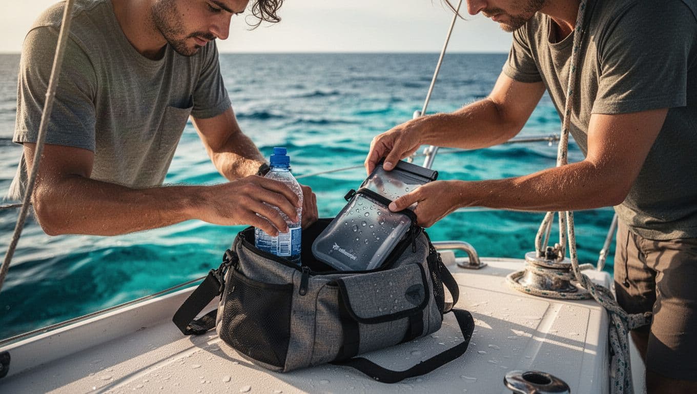 A person organizing snorkeling gear on a boat with bright blue water in the background.