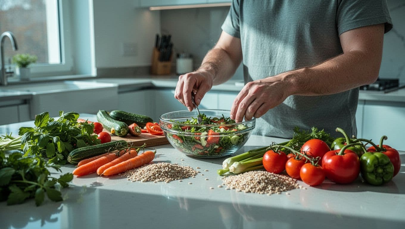 A person preparing a fresh meal in a sunlit kitchen for energy before snorkeling.