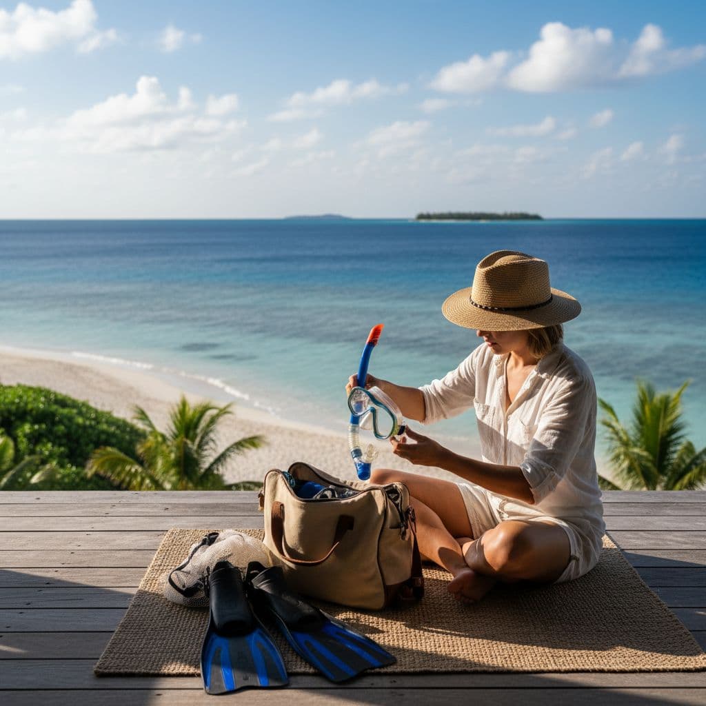 A person organizes snorkeling equipment inside a gear bag on a sunlit balcony overlooking the sea.