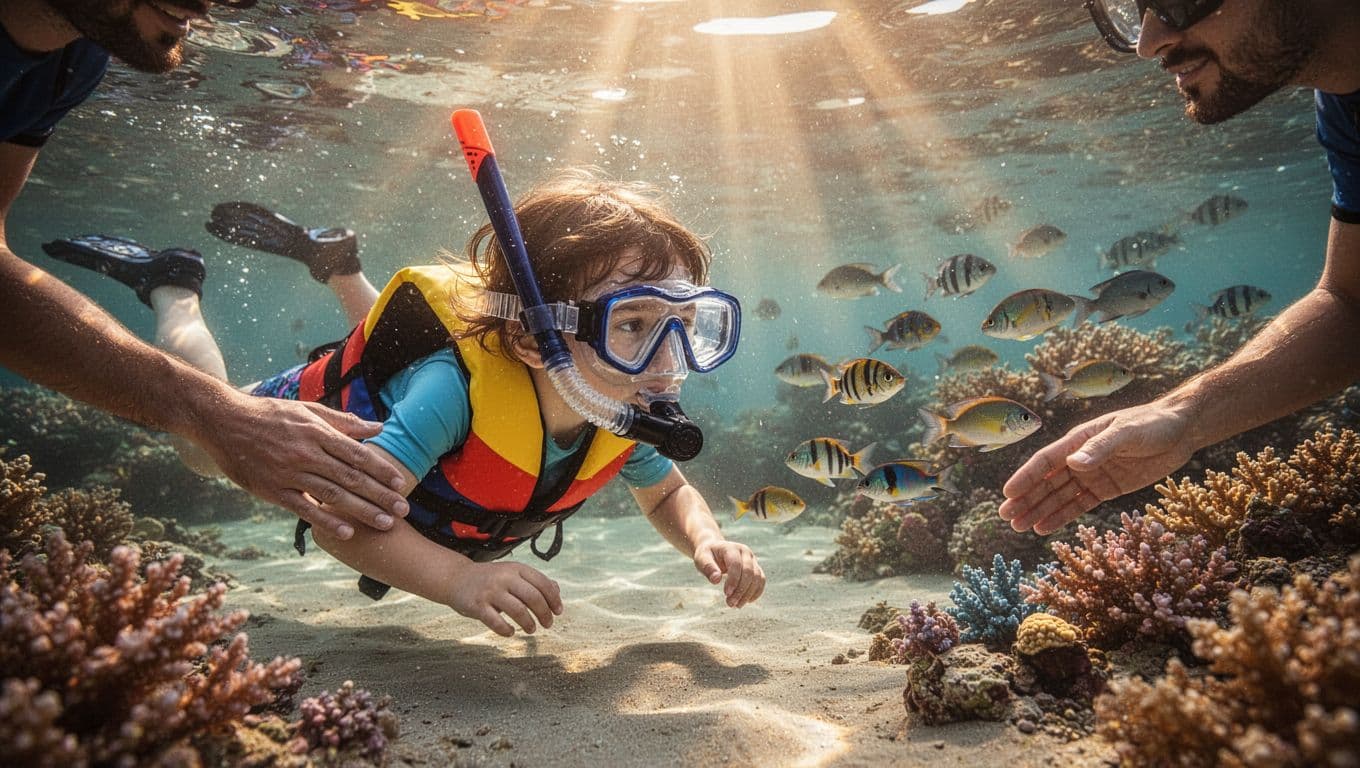 A 4-year-old preschooler in oversized snorkel mask and lifejacket floats face down in shallow clear water observing colorful reef fish, with one parent's hand gently supporting nearby in a relaxed cinematic scene with dramatic lighting.