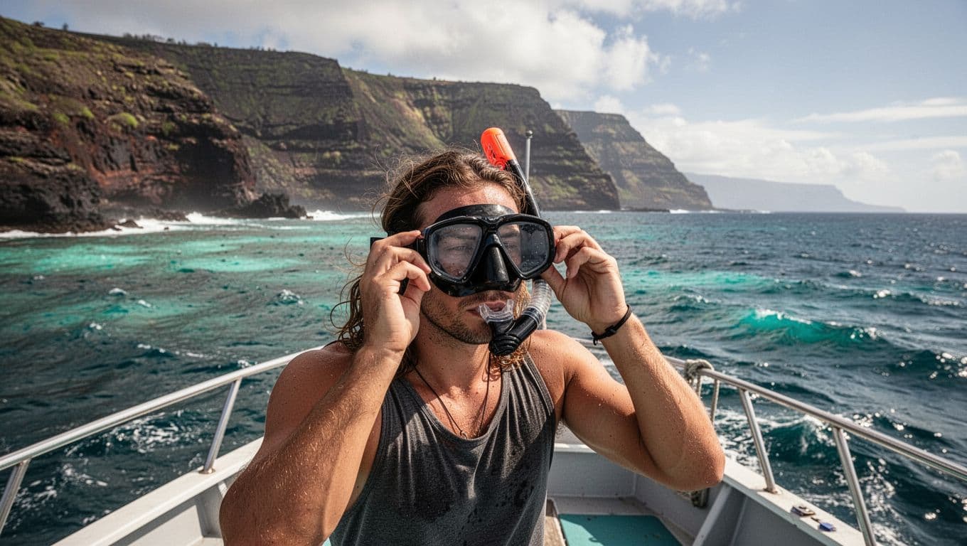 A solo adventurer adjusts a prescription snorkel mask on the deck of a small tour boat, with Big Island Hawaii coastline and turquoise ocean in background. Natural pose on a sunny day showcasing safer vision option for snorkeling.