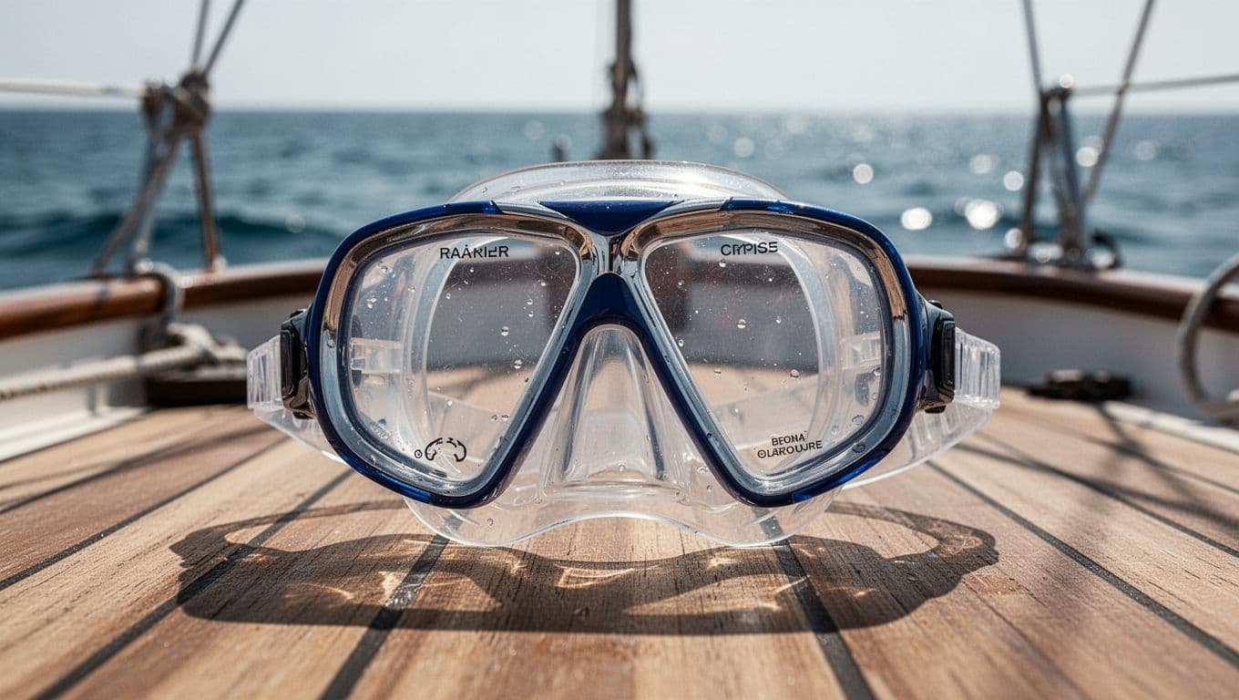 A close-up view shows a black snorkel mask with specialized corrective lenses resting upon textured wooden boat planks. The deep blue ocean surface glows softly in the blurred background under sunlight.