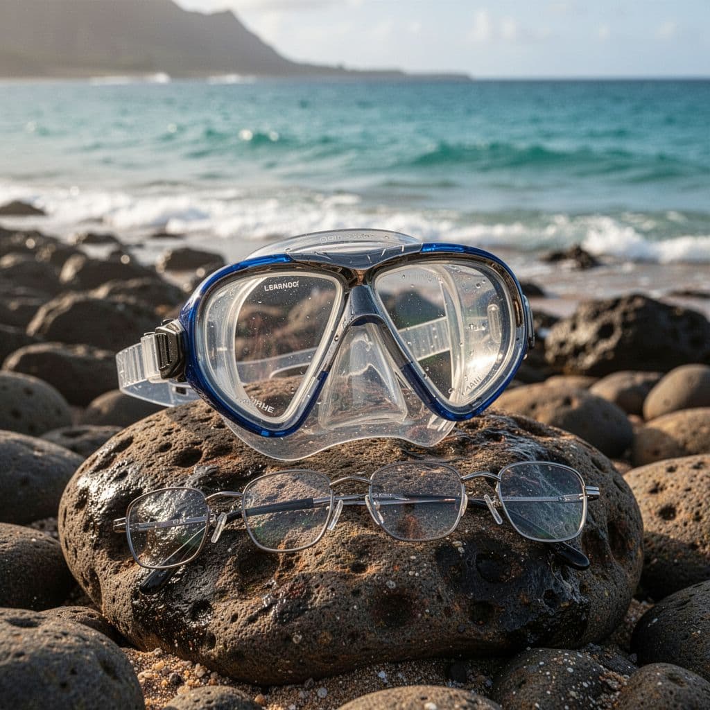 Close-up of prescription snorkel mask on rocky beach with Oahu ocean background, glasses resting beside it. Soft morning light in cinematic style with strong contrast, depth, and dramatic lighting.