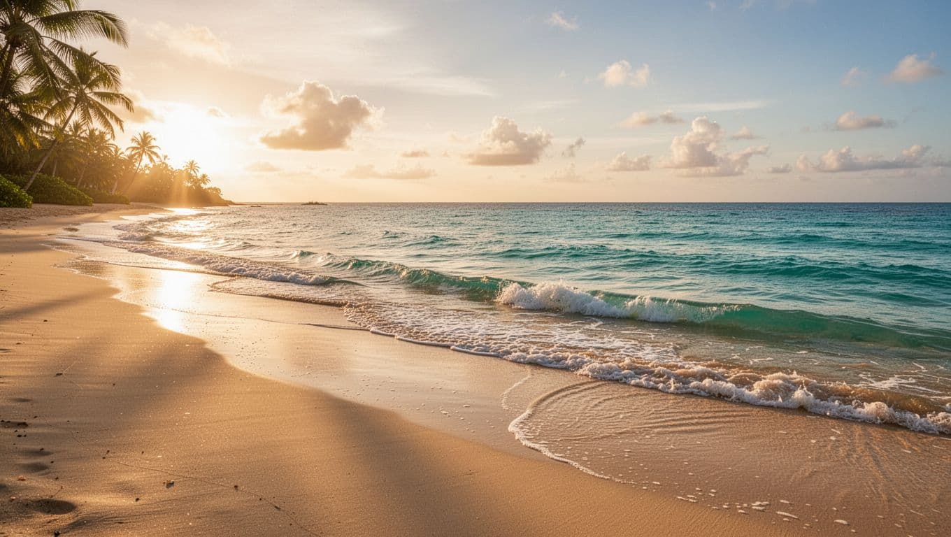 Soft golden sand stretches along the shoreline as gentle waves lap against the coast. The crystal clear turquoise water remains perfectly calm under the bright, cinematic sunlight of a clear afternoon.