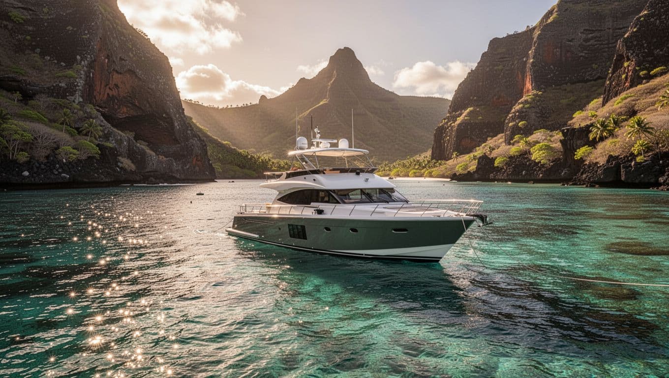 A sleek private boat anchored in a clear tropical bay beneath towering volcanic cliffs.