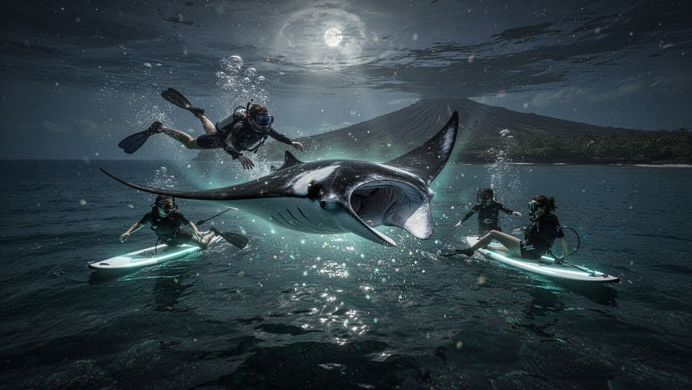 A solo snorkeler shares an intimate encounter with a giant manta ray filter-feeding in bioluminescent night waters off the Kona coast, accompanied by two others on lit boards, with volcanic coastline in the background.
