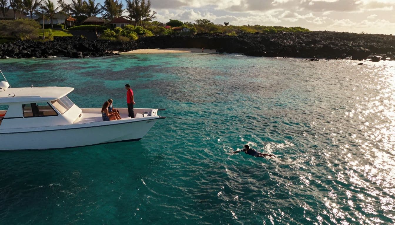 A private boat with two guests and a guide in a clear Kona cove.