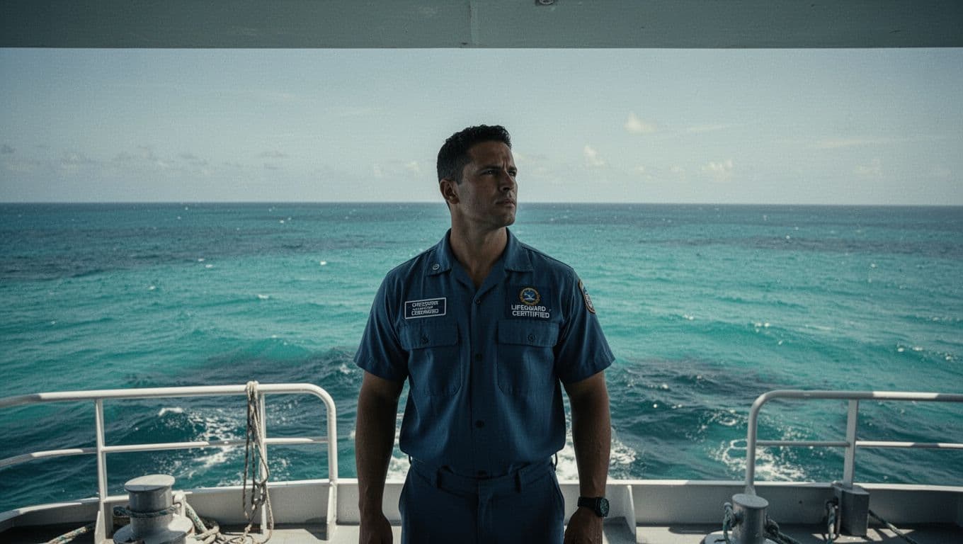 A trained professional in specialized gear stands on a sunlit boat deck. They scan the vast turquoise ocean with a focused gaze while maintaining a calm posture during the marine voyage.