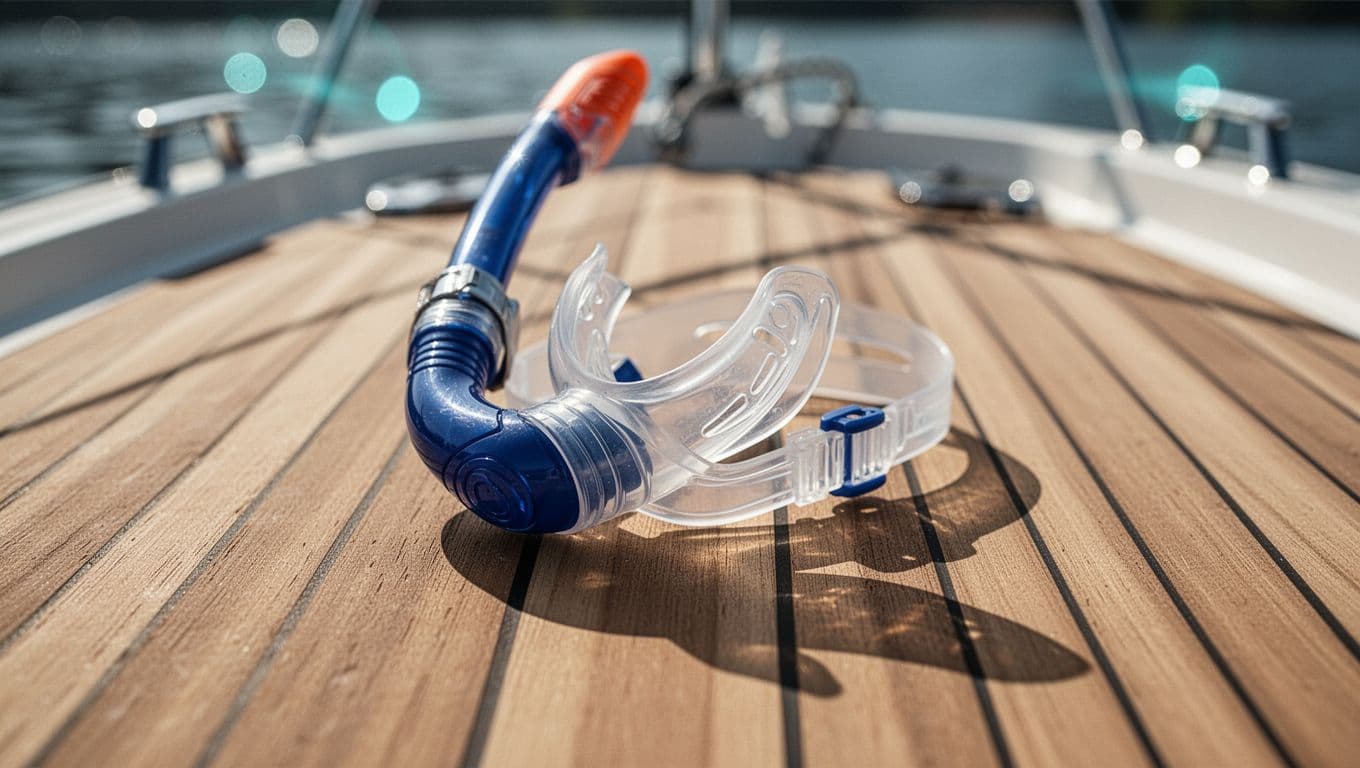 A high-quality silicone snorkel mouthpiece rests on a clean, weathered wooden boat deck. Soft natural sunlight illuminates the textured surface, with sparkling cyan ocean water blurred into the distant background.