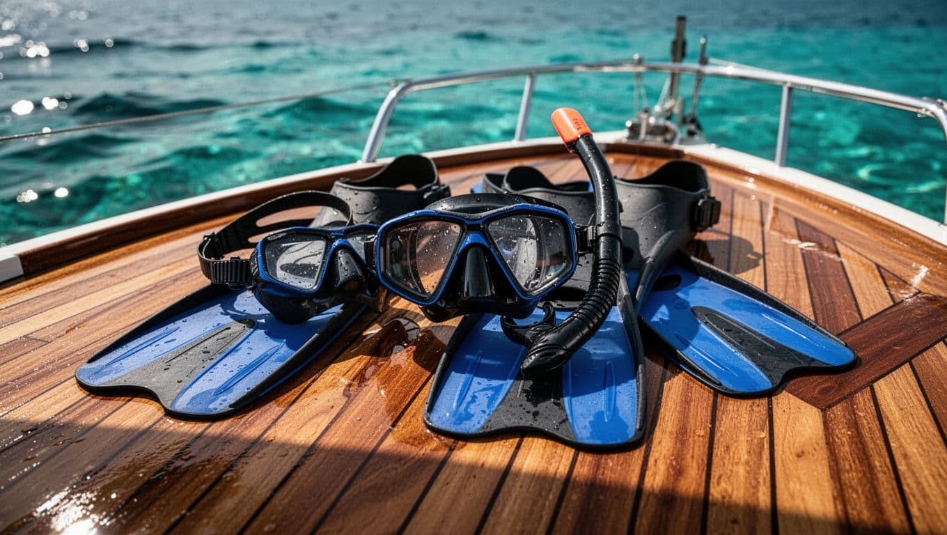 Snorkeling mask and fins on a wooden boat deck beside bright blue water.