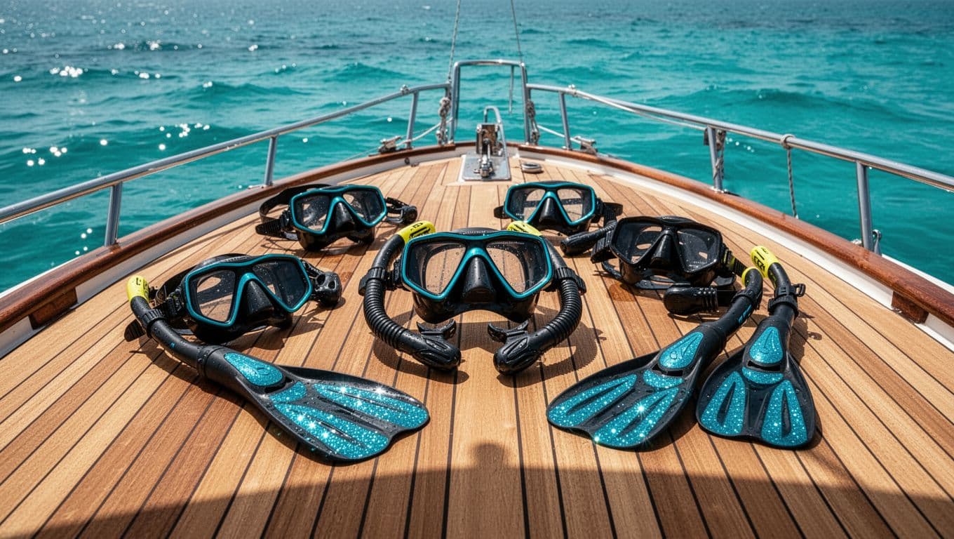 Snorkeling mask, fins, snorkel, and flotation vest on a teak boat deck.