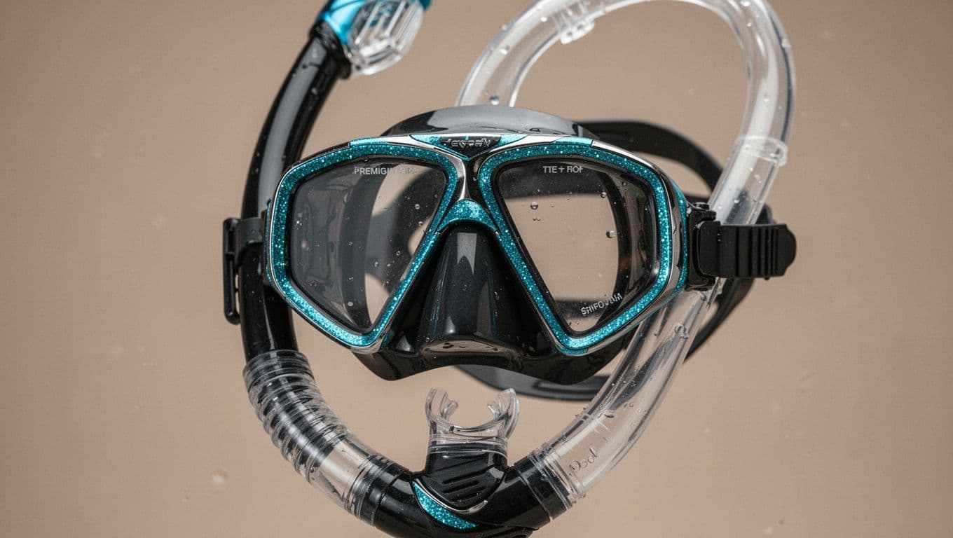 A close-up view highlights the textured silicone seal and bright cyan accents of a snorkel mask. The clear breathing tube rests alongside the frame, demonstrating high-quality craftsmanship for underwater exploration.
