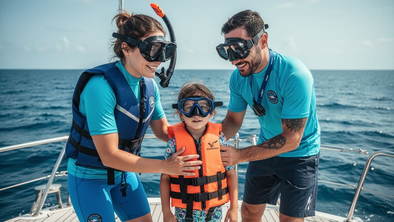 A professional guide in a vibrant uniform carefully adjusts a face mask for a young child wearing a life vest. They stand on a boat deck against a clear blue ocean backdrop.