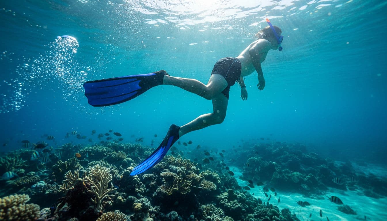 Snorkeler's legs and fins kick gently near coral reef in clear turquoise water.