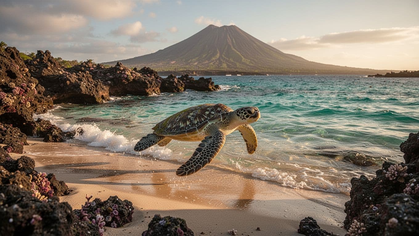 Scenic rocky shoreline at Queen's Beach near Diamond Head features clear turquoise water with a single green sea turtle near the reef in the shallows, under dramatic golden hour lighting.