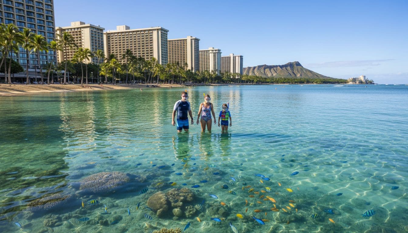 A small group of two adults and one child relaxedly enter calm shallow waters at Queens Beach in Waikiki for easy beginner snorkeling, with palm trees, high-rise hotels in the background, and colorful fish visible near the reef on a sunny morning.