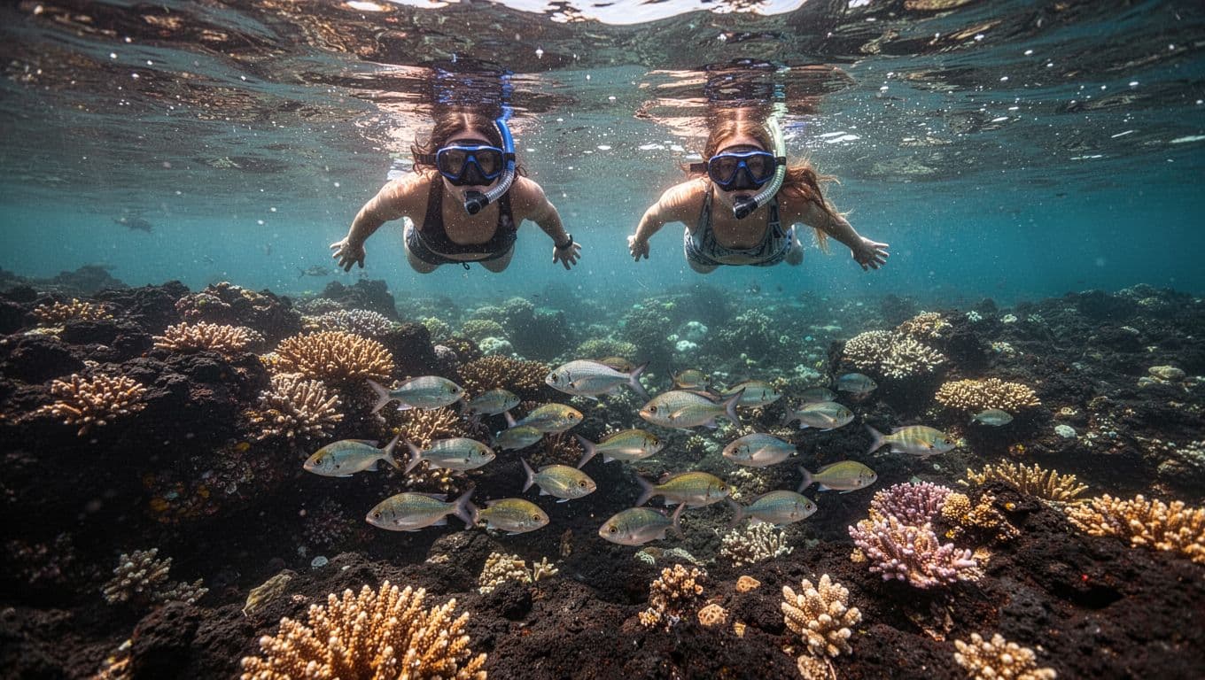 Two snorkelers float above a Hawaiian reef as fish pass below.