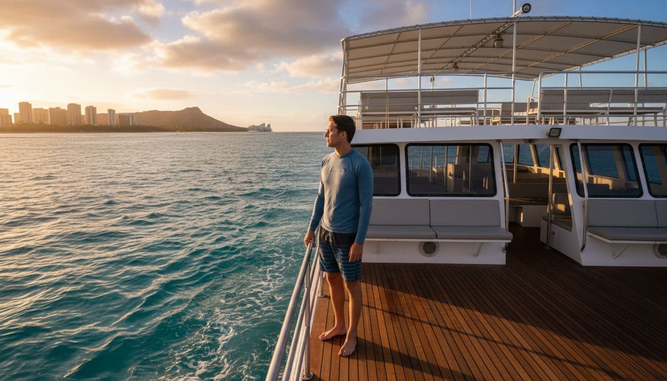 Person in long-sleeve rash guard stands relaxed on double-decker snorkel boat deck amid turquoise Hawaiian waters.