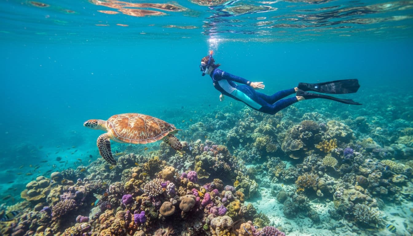 Solo snorkeler in full-body rash guard swims calmly near vibrant coral reef and Hawaiian green sea turtle in clear turquoise waters, sunlight rays filtering through.