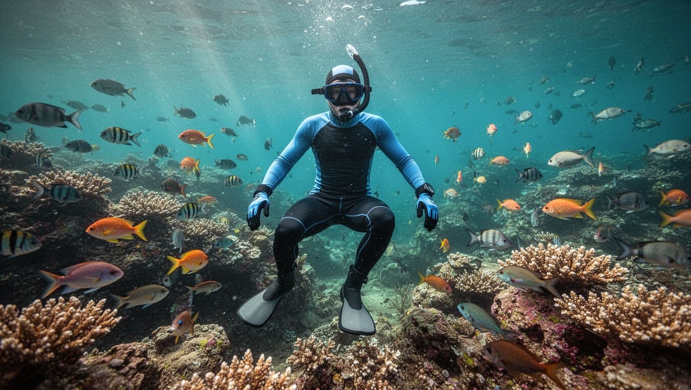 A snorkeler wearing full-body rash guard, gloves, and neoprene booties floats carefully above a vibrant Oahu coral reef teeming with fish, showcasing protective gear for sensitive skin to avoid reef contact.