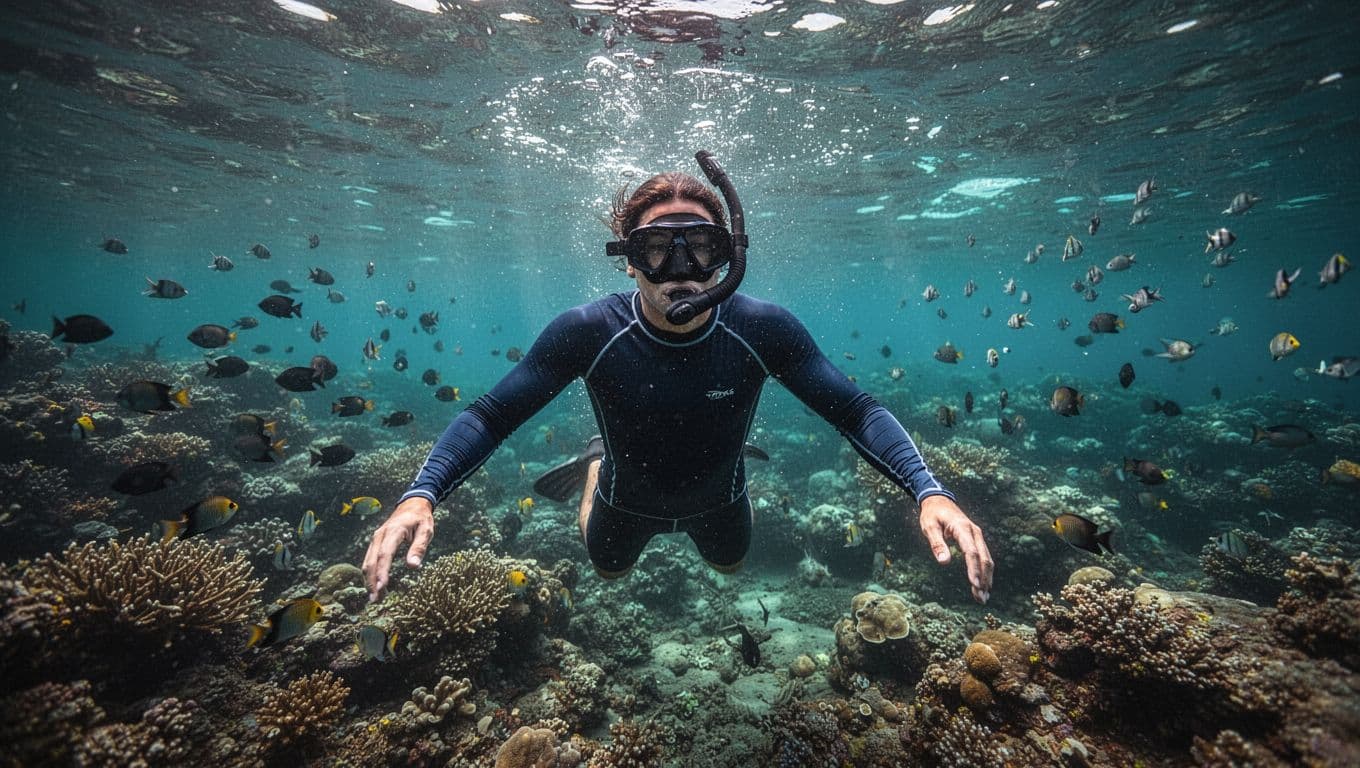 A solo snorkeler wearing a long sleeve rash guard snorkels calmly over a vibrant coral reef in clear turquoise Hawaiian bay water, surrounded by schools of small tropical fish, showcasing comfort and mobility.