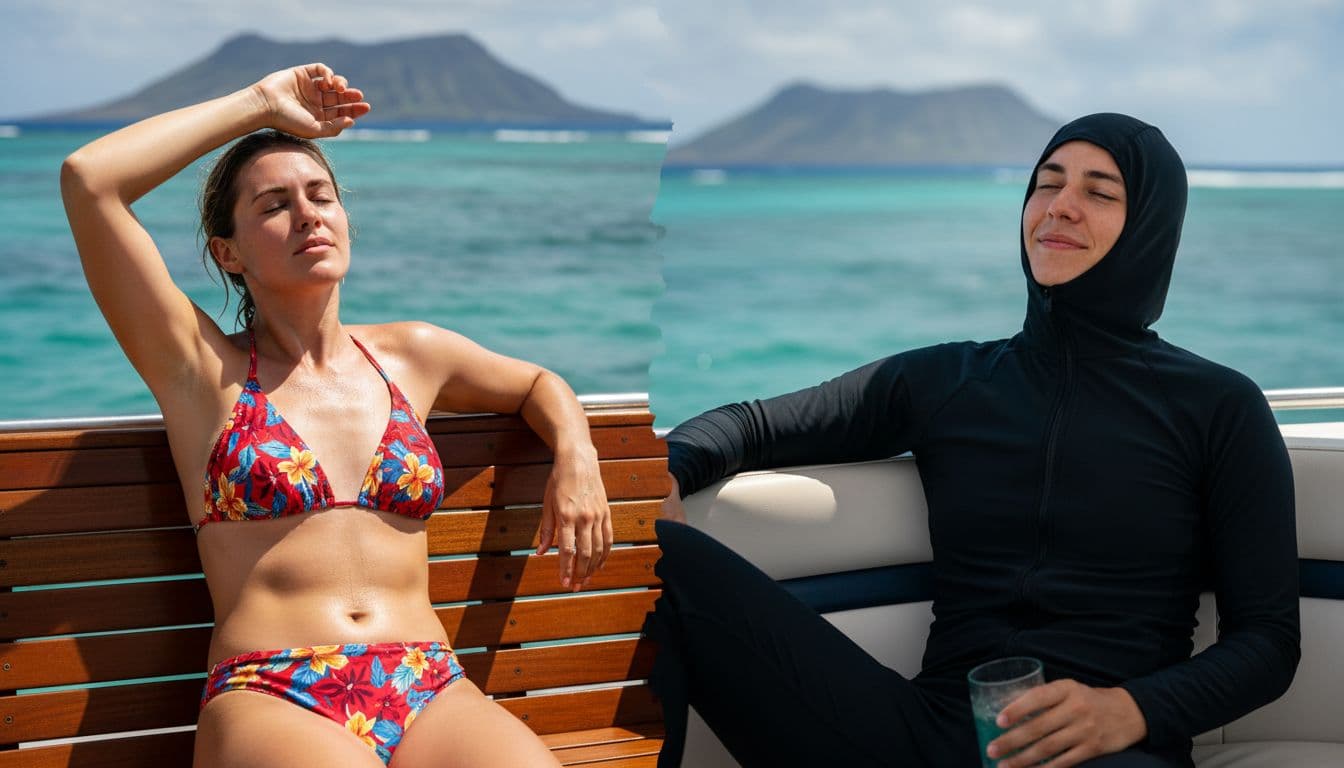 Split close-up shows bikini wearer sun-exposed and rash guard wearer shaded comfortably on boat bench with ocean backdrop.