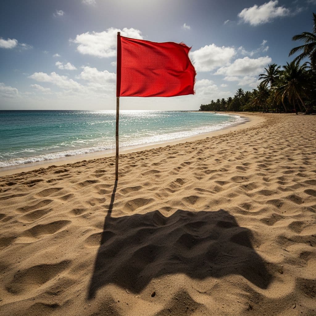 A single red safety flag waves on a sandy beach against a backdrop of blue ocean water.
