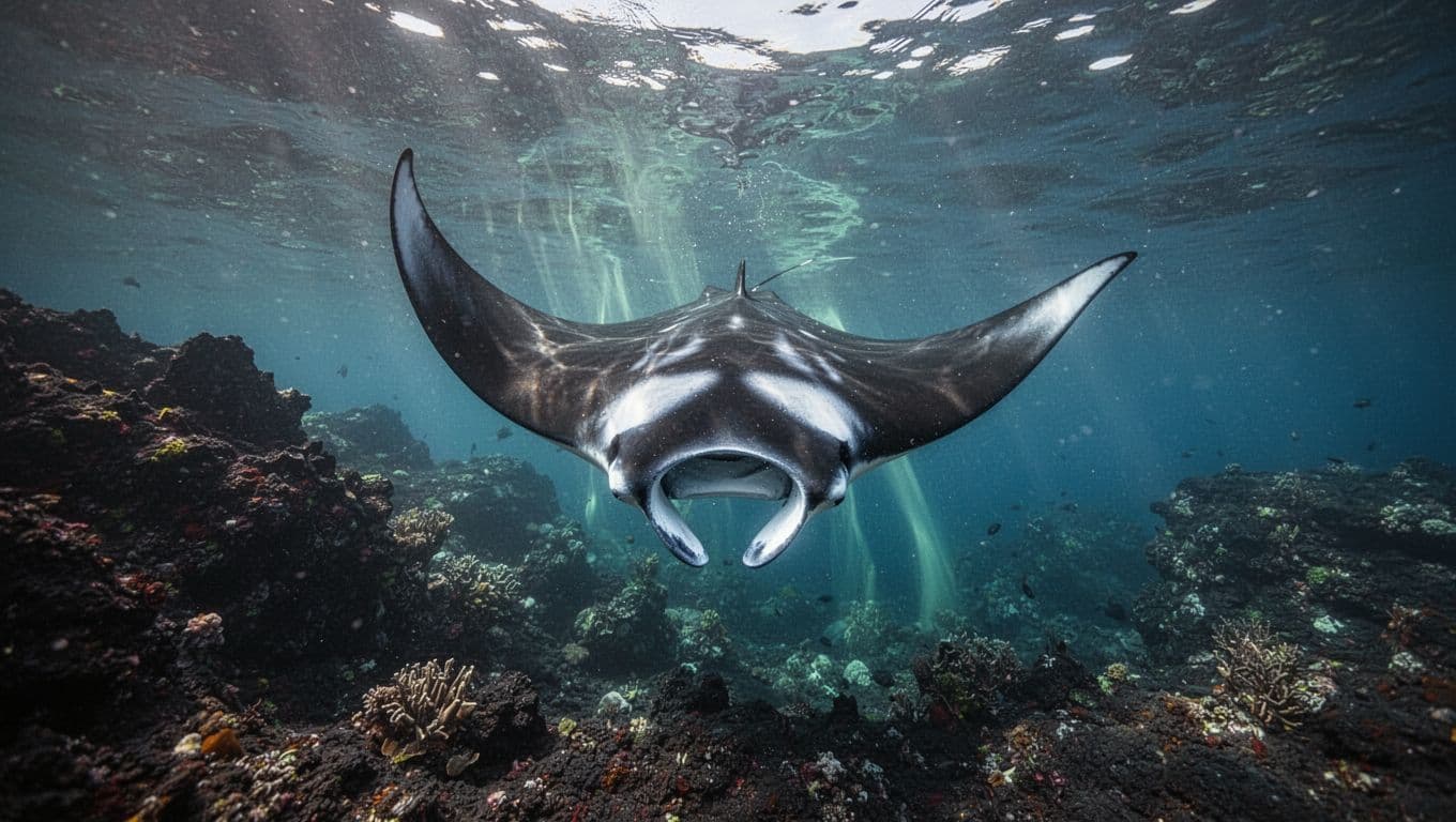 Majestic reef manta ray performing a dynamic barrel roll underwater in clear blue Pacific waters near a volcanic reef, with wings fully extended and dramatic surface lighting.