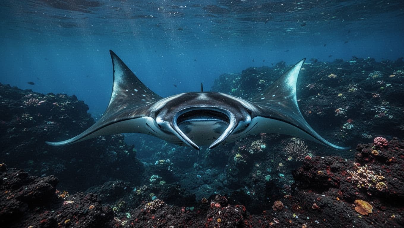 A single majestic reef manta ray glides underwater near a volcanic reef in Kona, Hawaii, in cinematic style with dramatic blue lighting, turquoise fin accents, high detail, and realistic rendering to illustrate typical size and appearance.