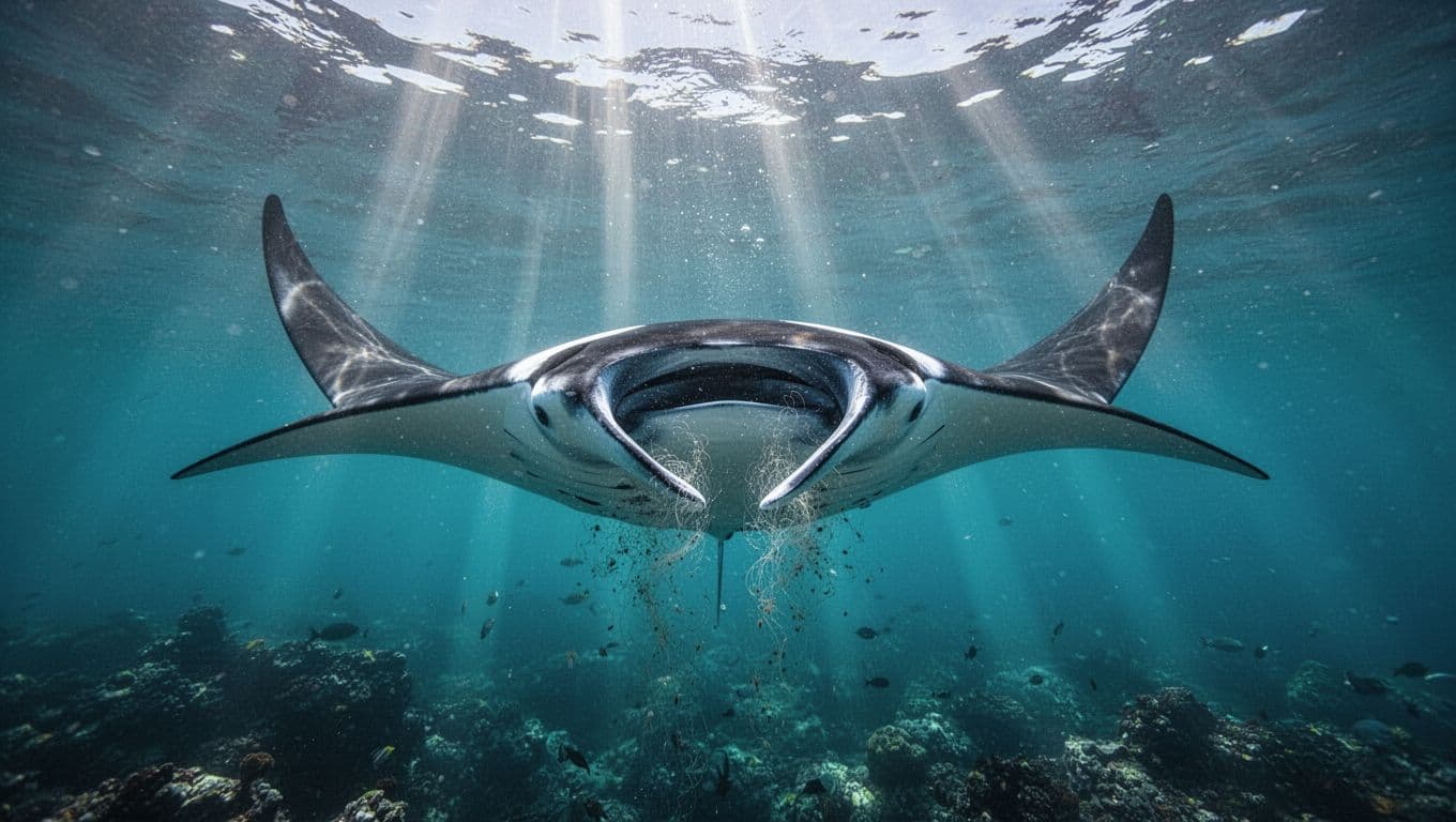 Large reef manta ray glides through turquoise waters off Kona Hawaii with wings extended amid sunbeams.