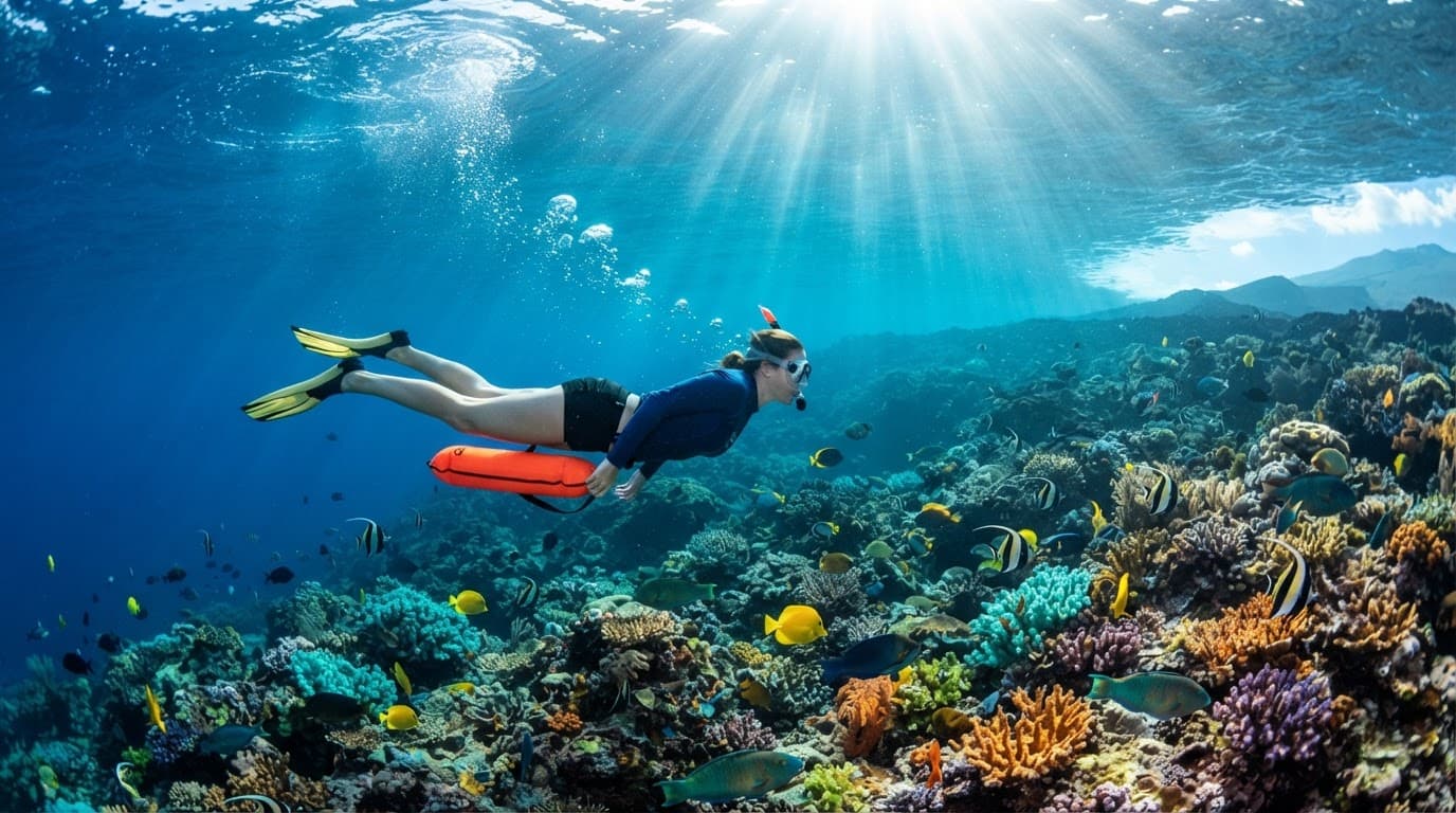 A snorkeler floats above coral reef with a flotation aid and fish below.
