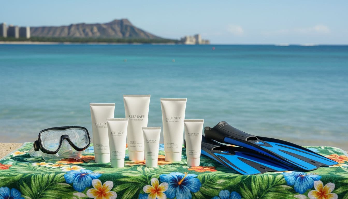 Assortment of mineral-based reef-safe sunscreen bottles and sprays on a tropical beach towel beside snorkel mask and fins, against Waikiki ocean horizon on a bright sunny day.
