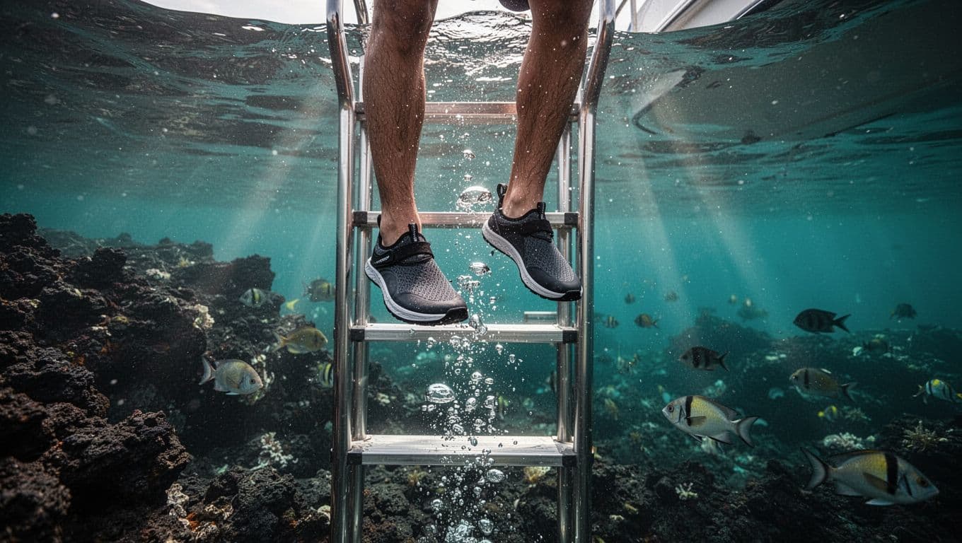 Feet in reef walker shoes step from boat ladder into clear turquoise water near rocky shore, bubbles rising, fish below.