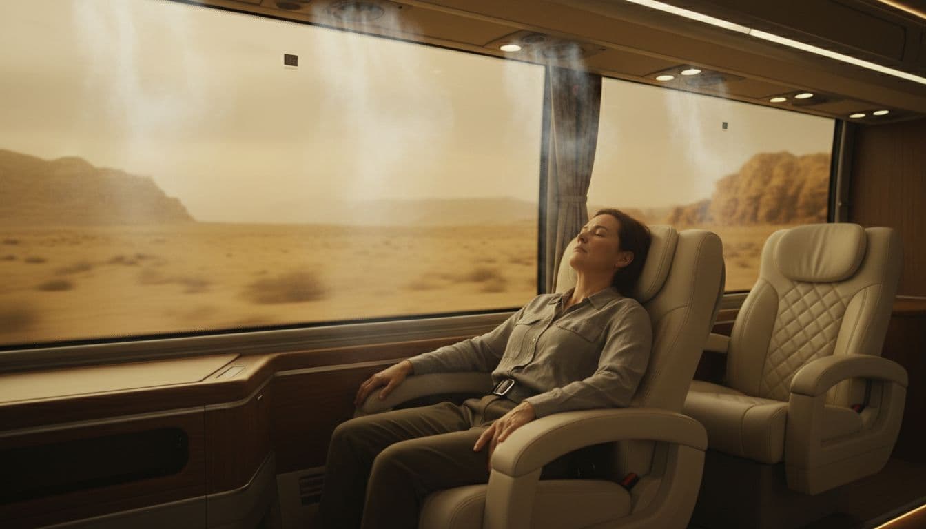 Interior of a modern luxury tour bus featuring one relaxed adult passenger reclining with eyes closed, cool AC air visible, plush seats, blurred desert landscape outside, and soft lighting for a soothing atmosphere ideal for migraine sufferers.
