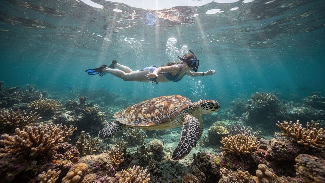 Solo snorkeler floats relaxed face down in calm clear turquoise water above a Hawaiian green sea turtle at a coral reef, sunlight rays piercing the surface with gentle rising bubbles in cinematic style.