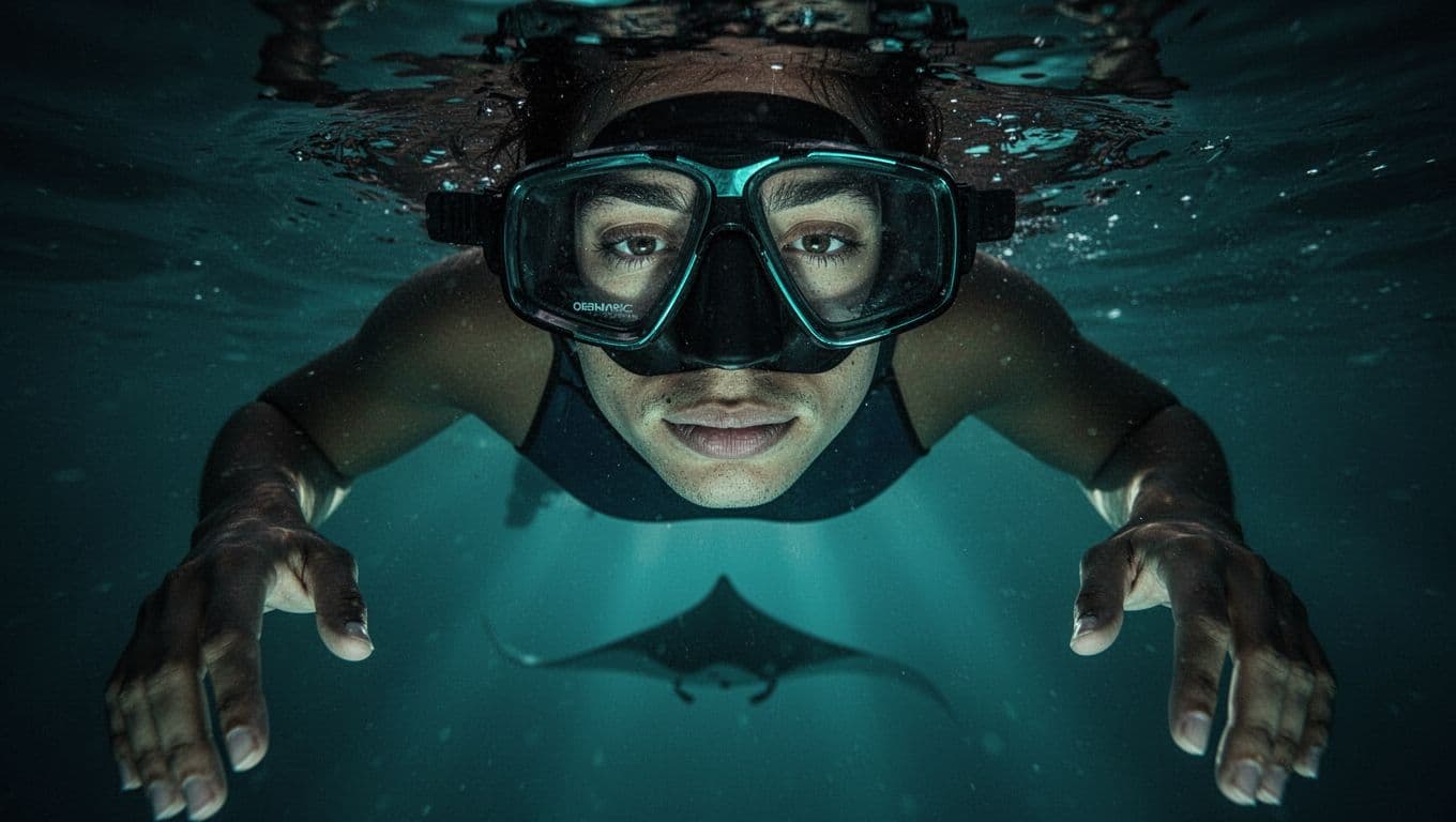 Close-up of snorkeler's masked face, relaxed expression floating on surface, gazing into clear night ocean with distant manta ray silhouette below.