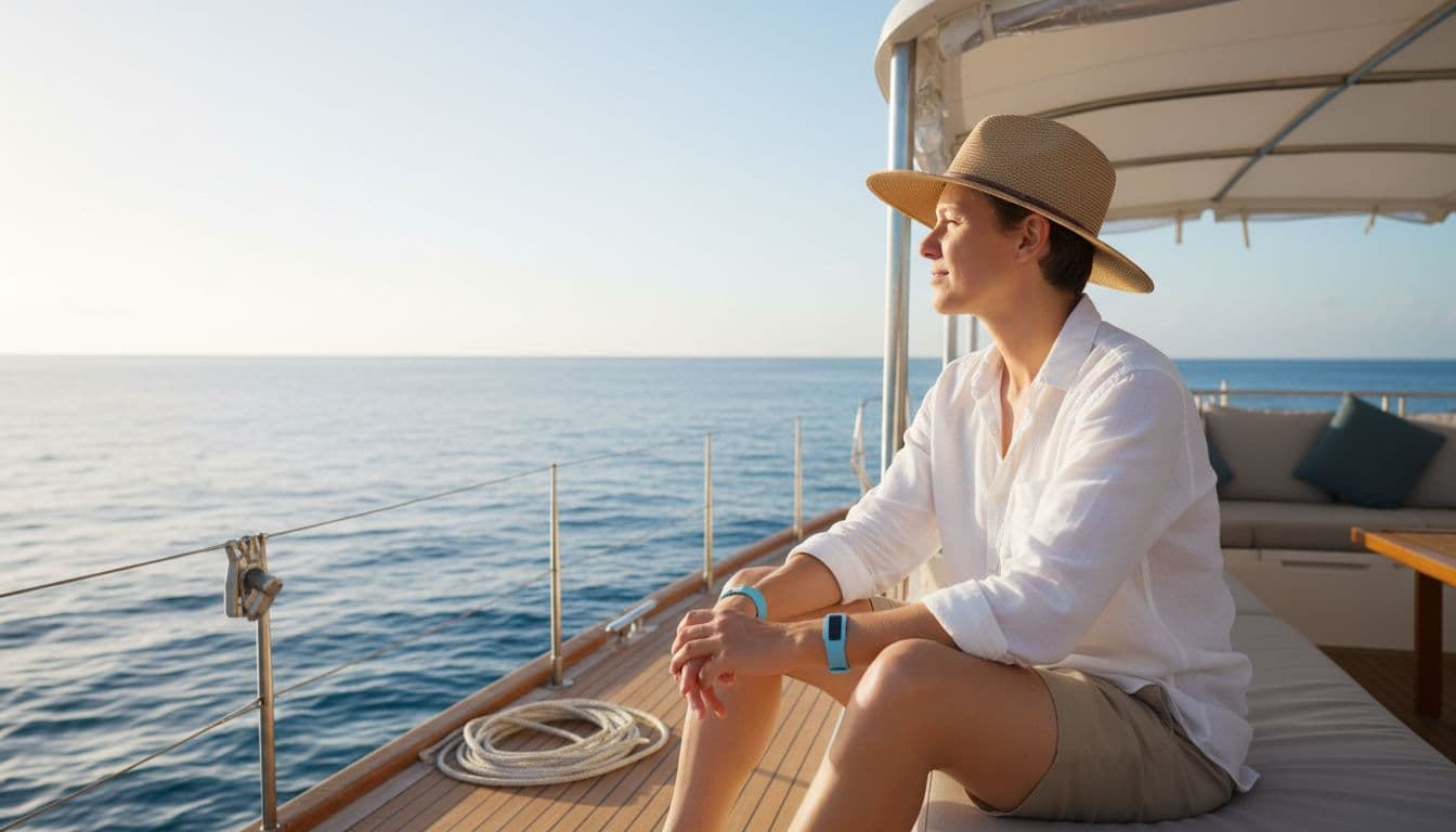 A person sits relaxed on a boat deck gazing at the horizon over calm Waikiki ocean waters, wearing a motion sickness wristband, under sunny weather with shaded seating nearby.