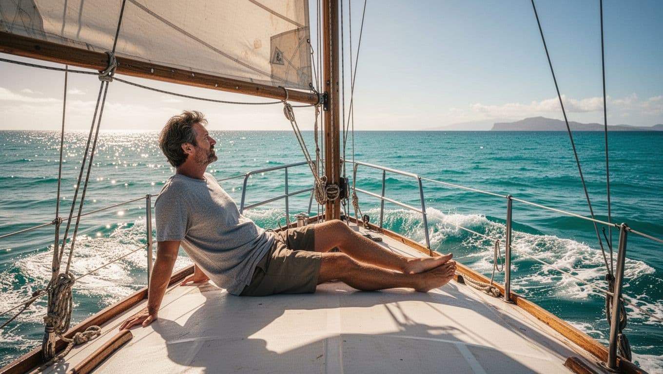 A traveler lounges on a wooden boat deck under the bright Hawaiian sun. The vast turquoise ocean stretches toward the horizon behind them, creating a peaceful scene of coastal relaxation.