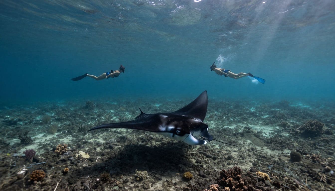 Two snorkelers watch a manta ray from a safe distance above a reef.
