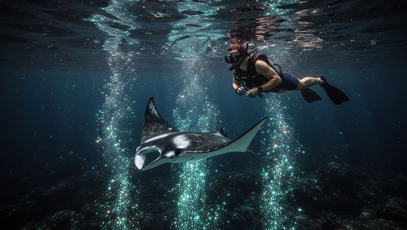 A snorkeler watches one manta ray glide below in glowing night water.