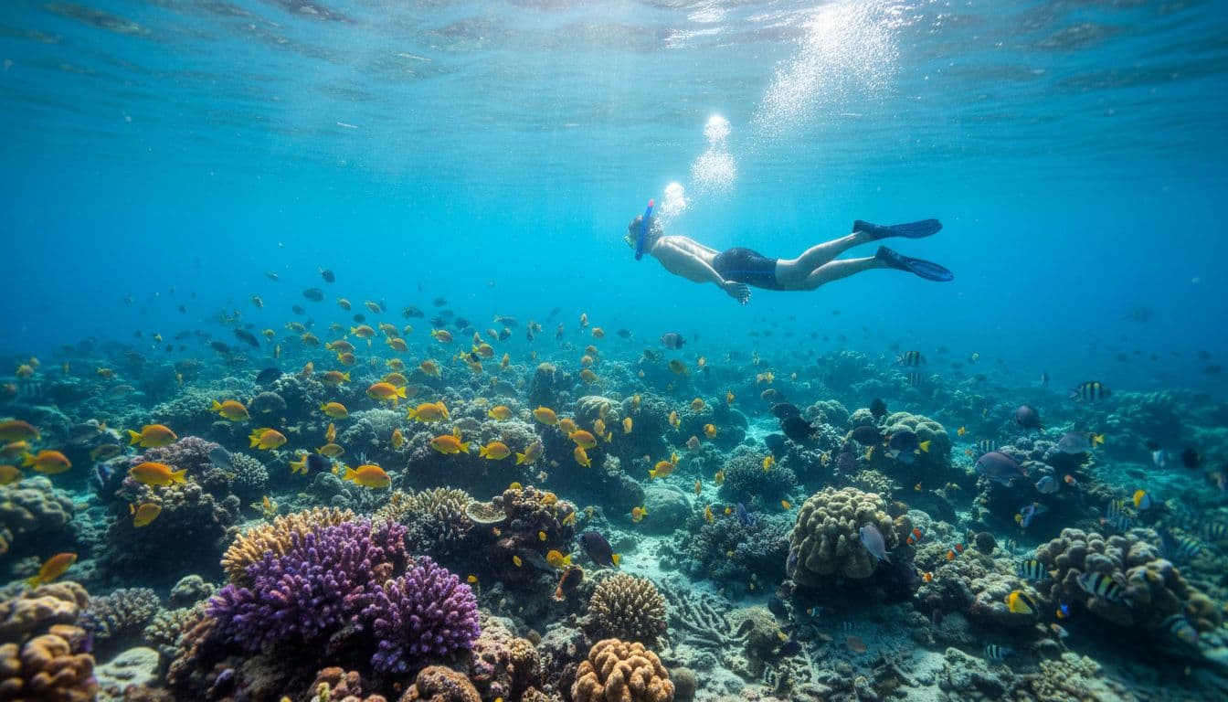 Snorkeler floating face-down observing vibrant tropical fish schooling over colorful coral reef in shallow crystal-clear Oahu waters, with god rays from sunlight, demonstrating proper non-touching technique.