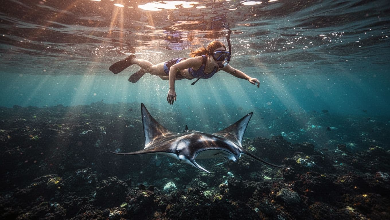 A snorkeler watches a manta ray glide below in clear coastal water.
