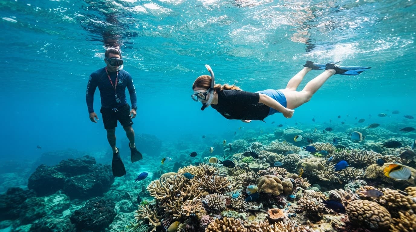 A snorkeler and guide float above a Hawaiian reef in clear blue water.
