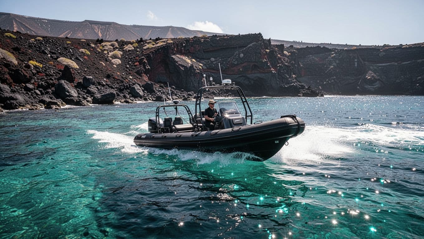A sleek inflatable boat cuts across vibrant turquoise water near jagged volcanic cliffs. Bright sunlight glints off the ocean surface, highlighting the contrast between the dark rocks and sparkling cyan waves.
