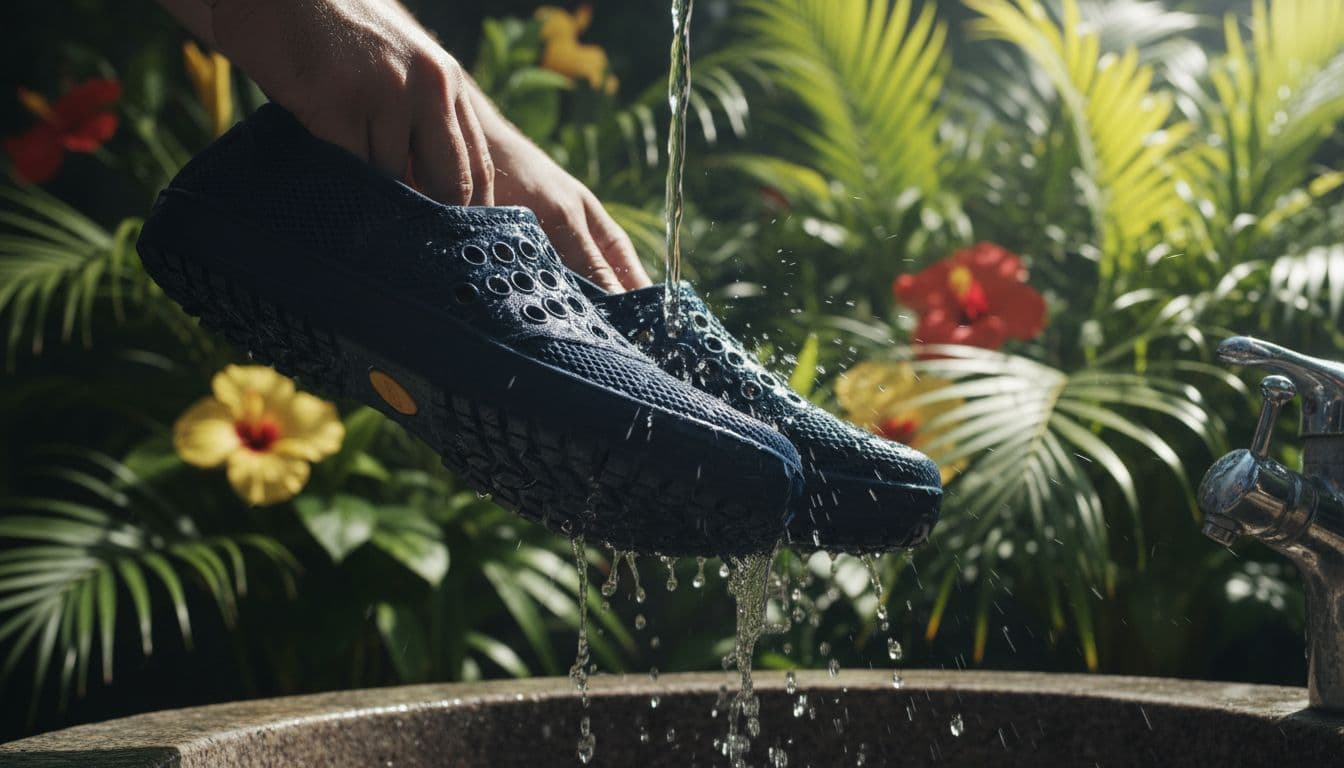 A person rinses non-slip boat shoes under a fresh water faucet post-snorkel tour, highlighting drainage holes and textured soles with tropical plants in the background. Cinematic style emphasizes contrast, depth, and dramatic lighting.