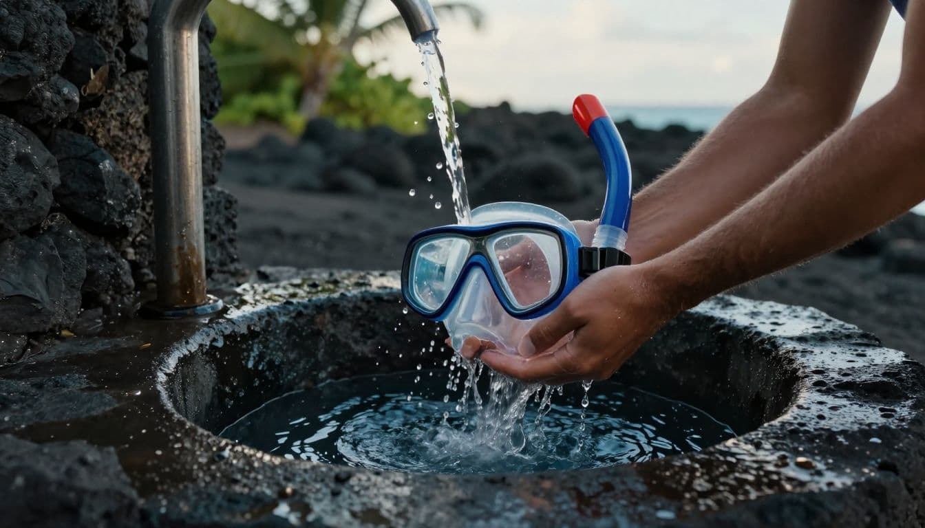 Traveler rinsing a snorkel mask and snorkel in a shallow outdoor basin.