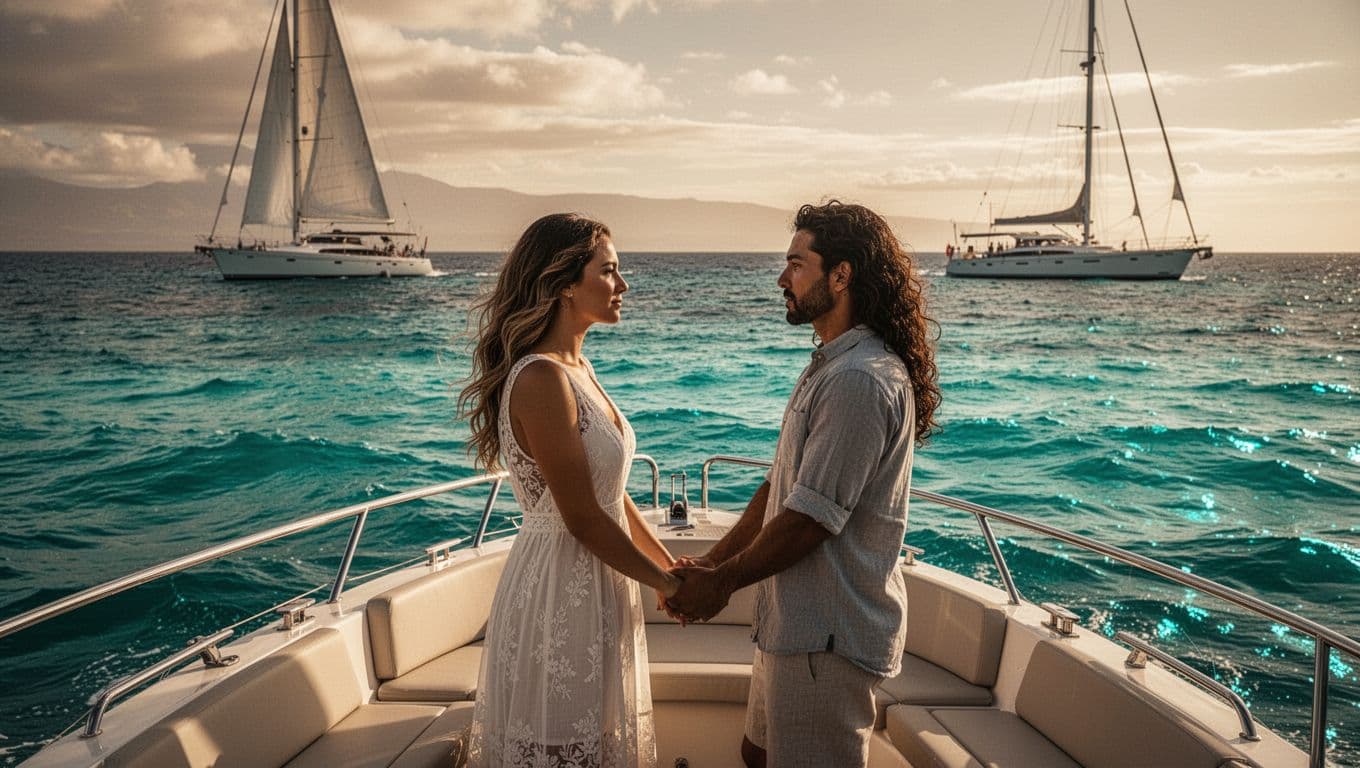 A romantic couple holds hands on a small luxury boat off the Kona coast, gazing at the turquoise ocean during golden hour with dramatic lighting and an elegant sailboat in the background.