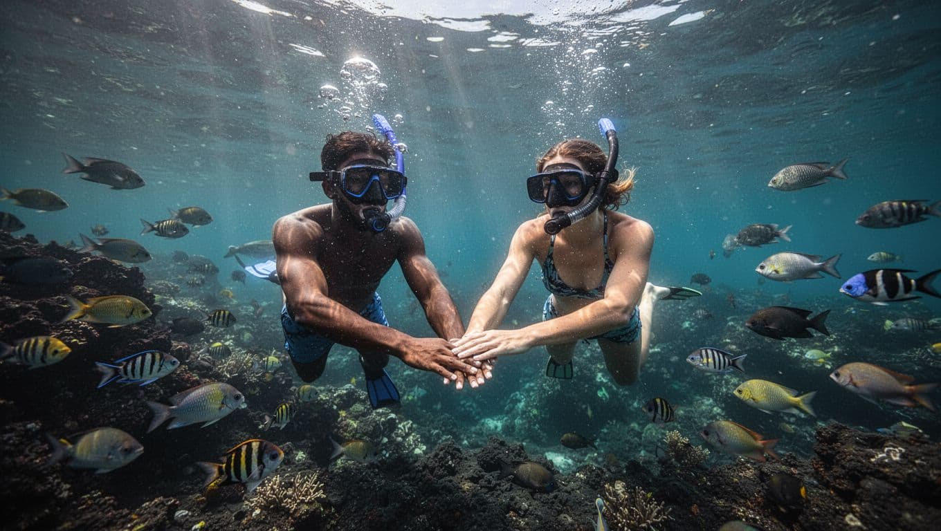 A couple snorkels hand-in-hand in clear turquoise waters near a volcanic reef on Big Island, Hawaii, surrounded by vibrant tropical fish and illuminated by dramatic sunlight rays.