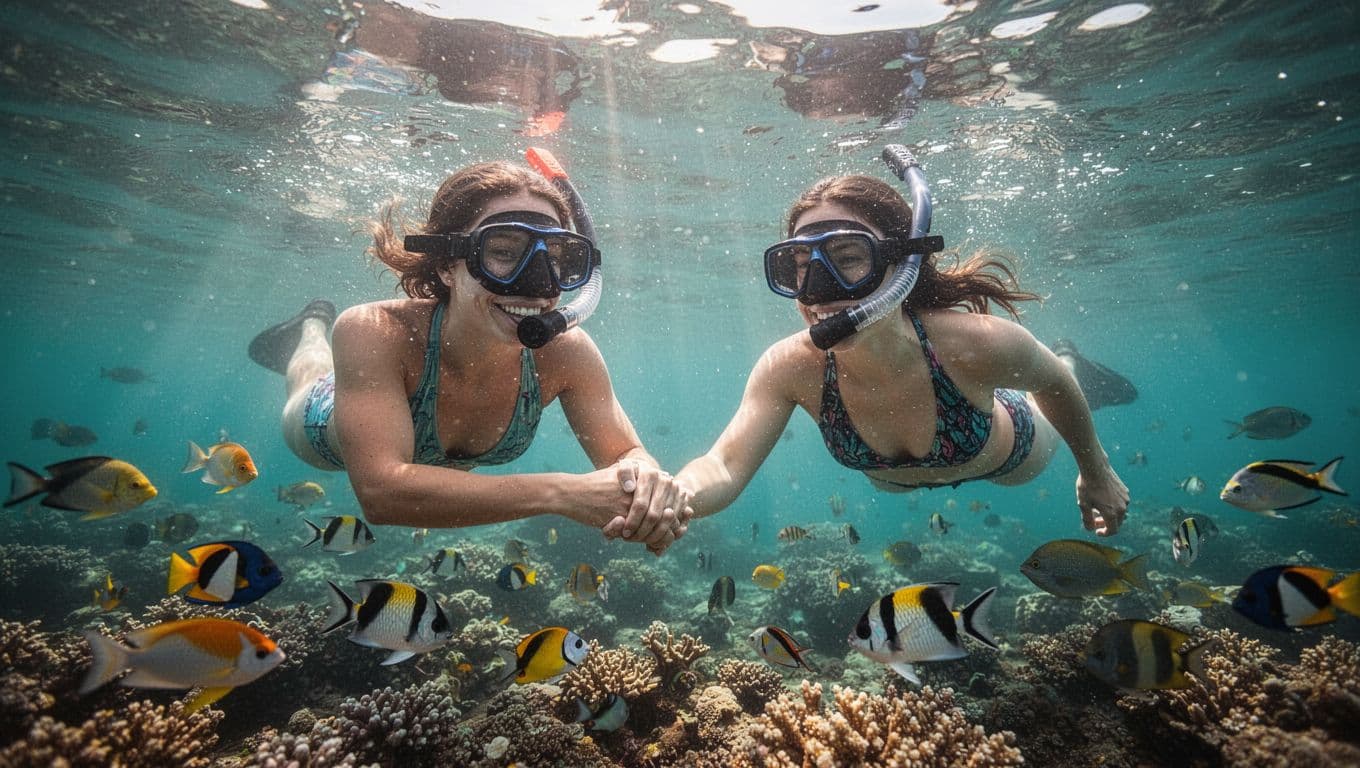 Couple snorkels hand-in-hand in turquoise Kona waters with tropical fish around and coral below, sun rays piercing surface.