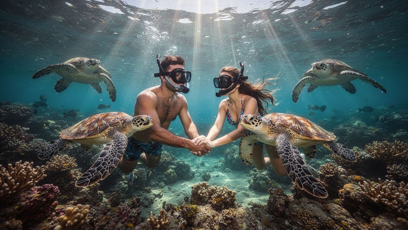 A romantic couple holds hands while snorkeling in crystal-clear turquoise waters off Waikiki, Oahu, surrounded by colorful coral reefs and Hawaiian green sea turtles with dramatic sunlight rays.